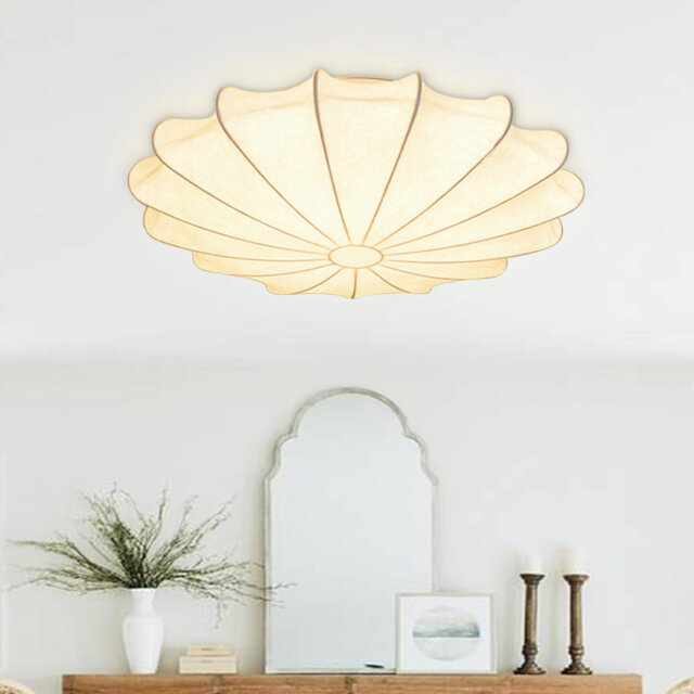 Scandinavian Cream White Silk Fabric Petal Semi Flush Ceiling Light