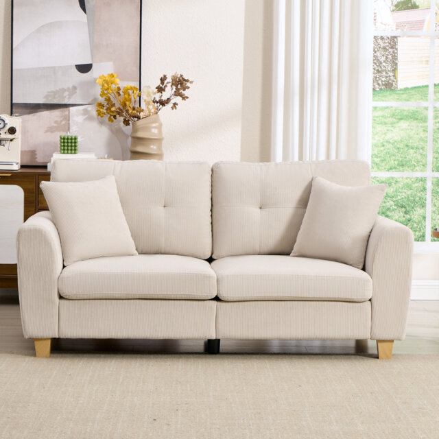 2-Seater Corduroy Sofa with 2 Throw Pillows, Deep-Seated Upholstered Couch with Square Arms