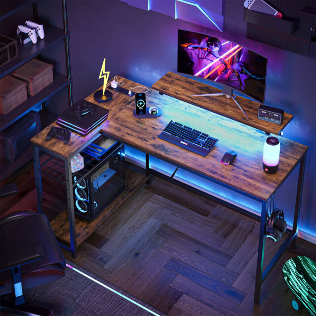 "Thielsen 48"" L Shaped Computer Desk with Power Outlet, LED Gaming or Work Desk with Monitor Stand"