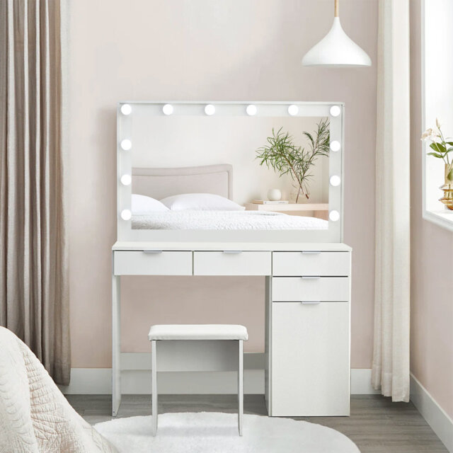 Dressing Table, 3 Color LED  Mirror Set, Hollywood Style Light, Vanity Makeup Table With 4 Drawers 1 Closed Storage And Stool