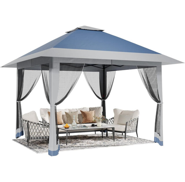 3x3m Double Top Pop Up Gazebo with Mesh Sidewalls, Waterproof Polyester Instant Canopy Shelter with Sandbags for Patio, Backyard, Wedding and Outdoor