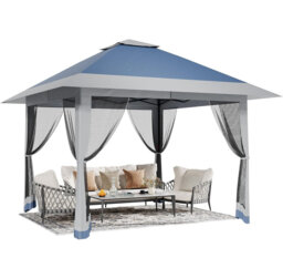3x3m Double Top Pop Up Gazebo with Mesh Sidewalls, Waterproof Polyester Instant Canopy Shelter with Sandbags for Patio, Backyard, Wedding and Outdoor