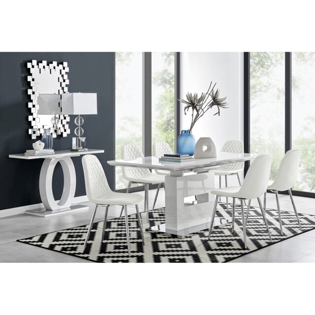 Alezzo Modern High Gloss Extendable Dining Table Set with 6 Luxury Faux Leather Dining Chairs