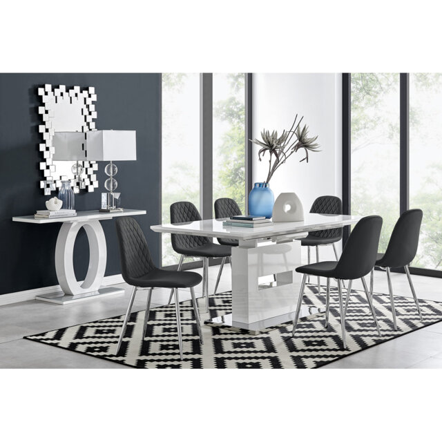 Alezzo Modern High Gloss Extendable Dining Table Set with 6 Luxury Faux Leather Dining Chairs