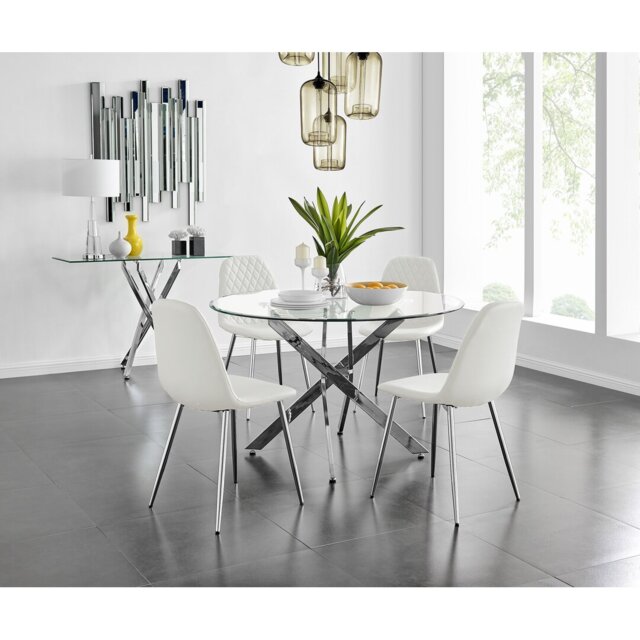 Tierra Modern Chrome Metal & Glass Round Dining Table Set with 4 Luxury Faux Leather Chairs