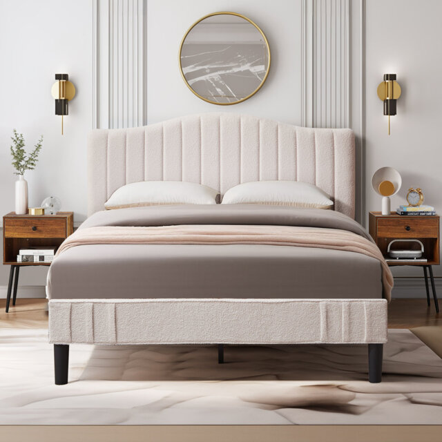 Double Size Upholstered Bed Frame, Platform Bed With Adjustable Teddy Fabric Headboard, Wood Slat Support, No Box Spring Needed, Beige