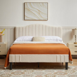 Double Size Upholstered Bed Frame, Platform Bed With Adjustable Teddy Fabric Headboard, Wood Slat Support, No Box Spring Needed, Beige
