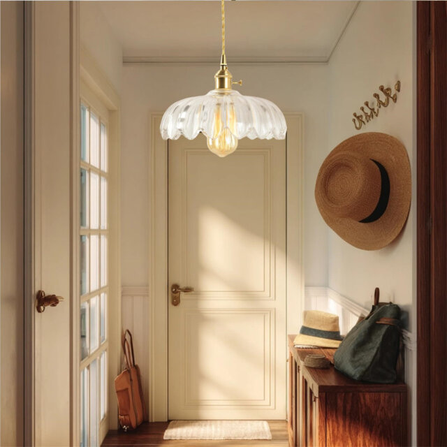 Industrial Vintage Pendant Lighting Fixture Glass Lotus Lamp Shade Pendant Light Chandelier E27 Brass Finish Ceiling Hanging Lamp (Red) [Energy Class