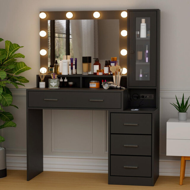 Berkel Dressing Table With Lights, 5 Drawers, Cabinet, Large Mirror, Power Outlet