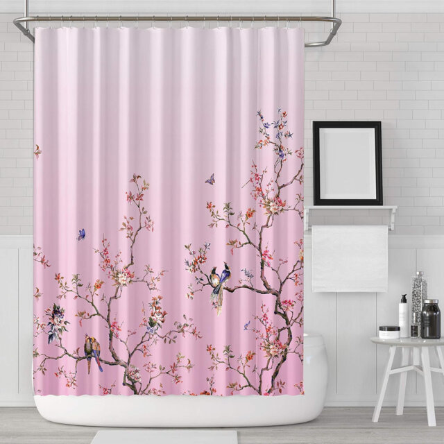 Bird Floral Butterfly Fabric Shower Curtain 90×180cm, Mould Proof Washable Bathroom Curtain with 12 Hooks