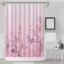 Bird Floral Butterfly Fabric Shower Curtain 90×180cm, Mould Proof Washable Bathroom Curtain with 12 Hooks