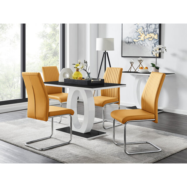 Scottsmoor Modern High Gloss & Glass Dining Table with 4 Luxury Faux Leather Chairs