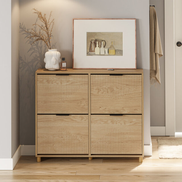 Large Shoe Storage Cabinet With 4 Flip Drawers, Wooden Slim Shoe Cupboard For Hallway, Space-Saving Entryway Storage