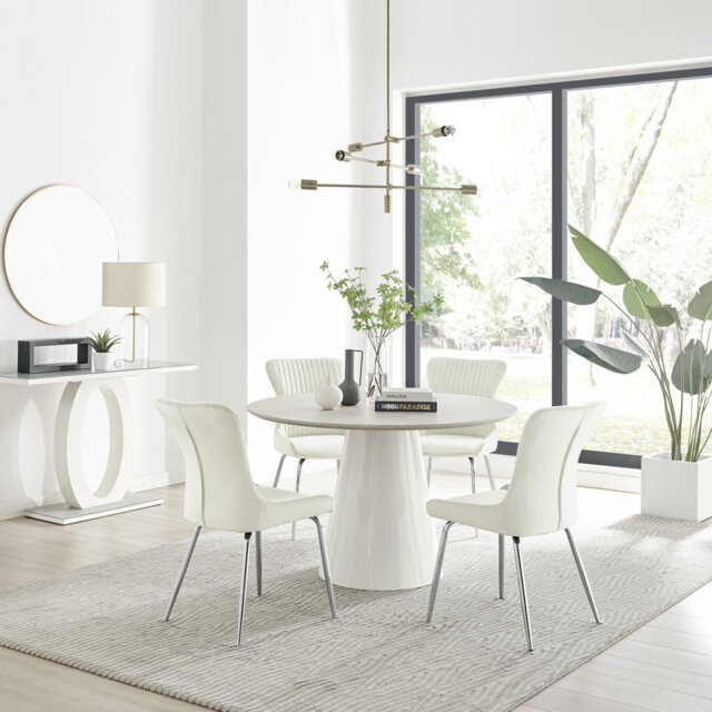 Edzard Statement 4 Person Round Dining Table Set in Luxury Stone Effect - Velvet Dining Chairs