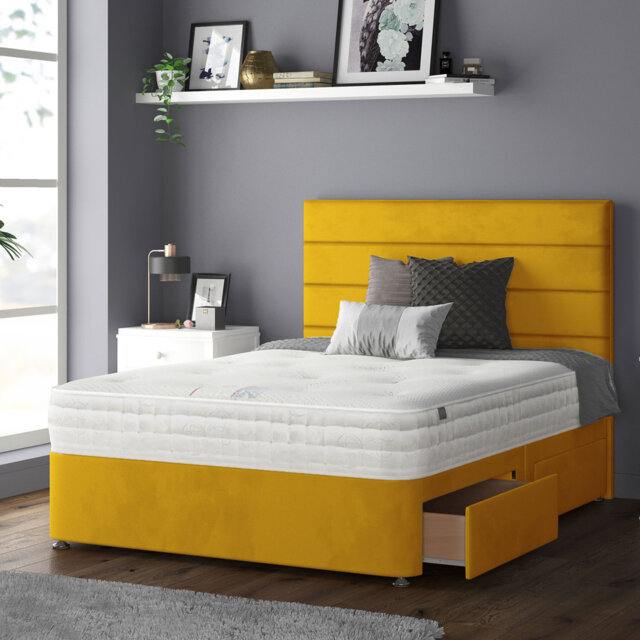 Kiara Stripped Floor Standing Headboard with Divan Base Plush Velvet and Metal Feet