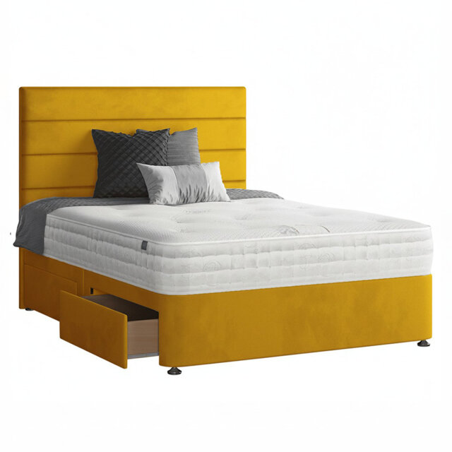 Kiara Stripped Floor Standing Headboard with Divan Base Plush Velvet and Metal Feet