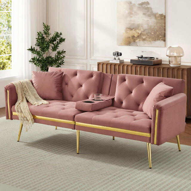 Two-seater Convertible Sofa Bed With Adjustable Backrest And Cup Holders Velvet Black