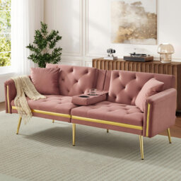 Two-seater Convertible Sofa Bed With Adjustable Backrest And Cup Holders Velvet Black