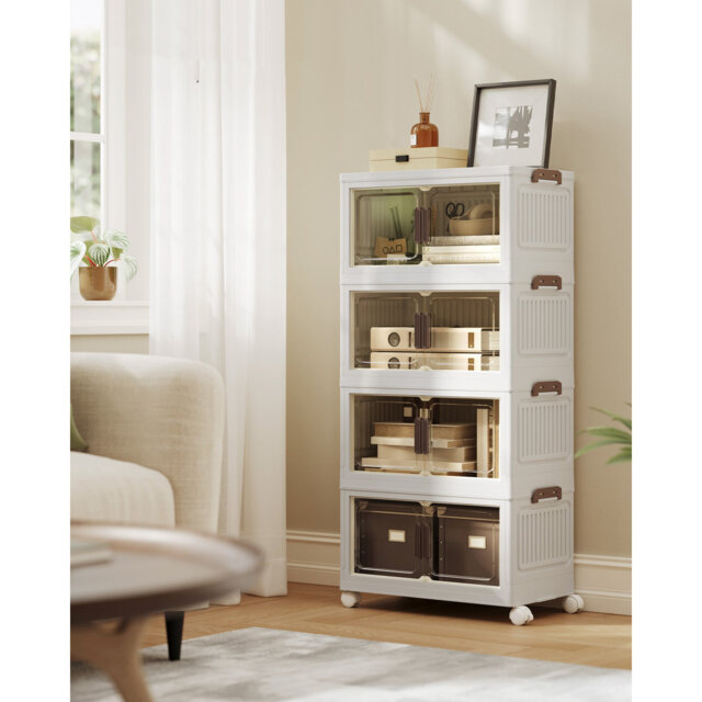Storage Boxes With Lid, 4-Tier Stackable Organiser With 1 Lid, Plastic Storage Bins On Wheels, Magnetic Door, Home Organisation, White, 25 L Per Tier,