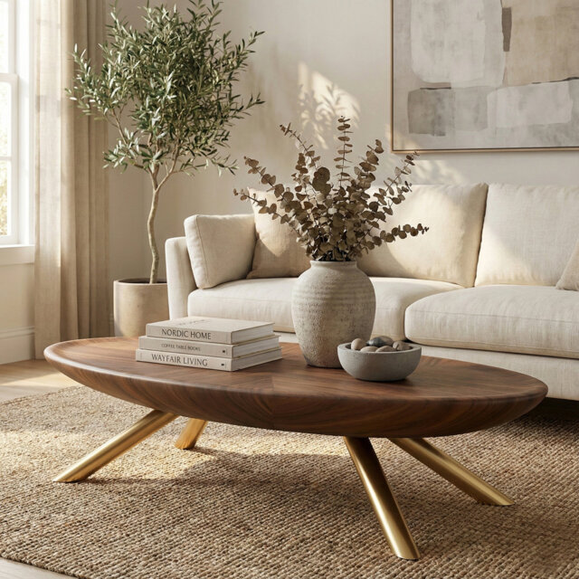 "51"" Oval Coffee Table, Modern Walnut Wood Cocktail Table with Gold Metal Legs"