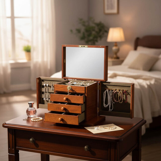 Vintage Wooden Jewelry Box with Combo Lock & Mirror