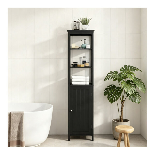 Black Freestanding Tall Narrow Slim Wooden Bathroom Storage Cupboard, 40 x 32 x 161cm, Floor Cabinet with Door, Open Shelves & Adjustable Shelving, Mu
