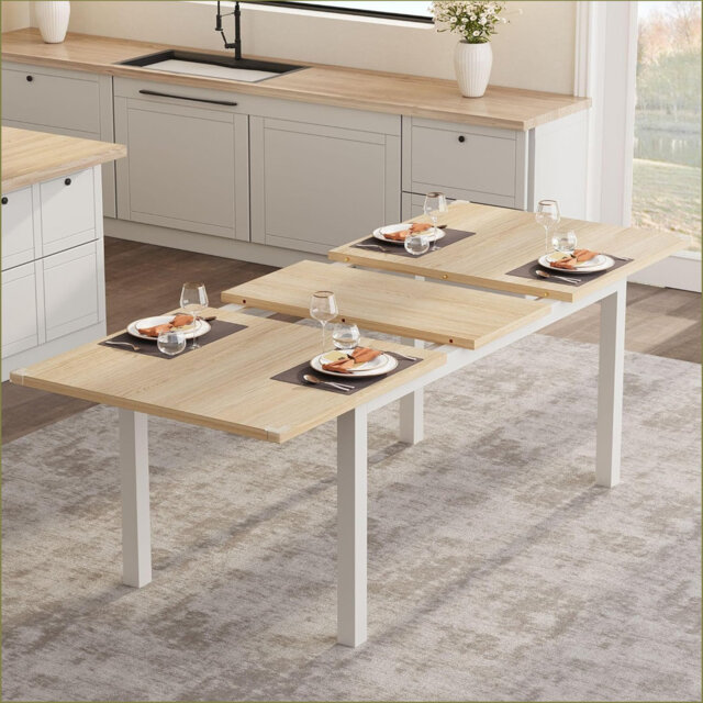 "63"" Large Extendable Dining Table for 4-8 People – Mid-Century Kitchen Table with Metal Frame and MDF Board – Easy to Clean – Natural and White Finish"