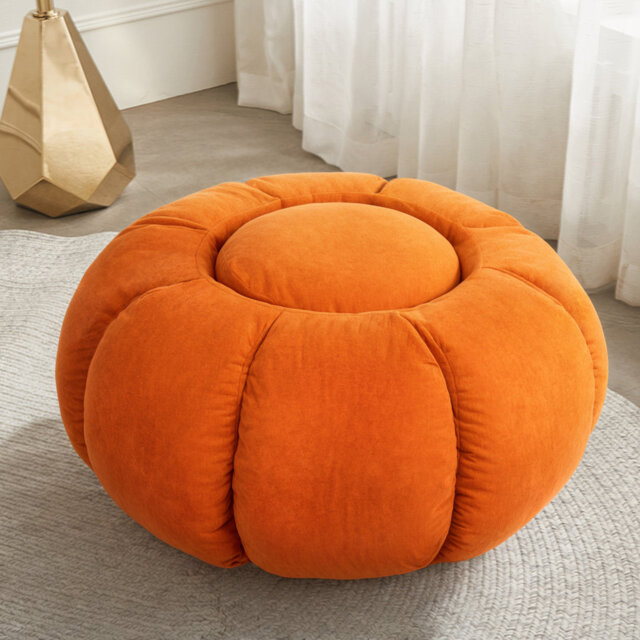 Geometric Comfort Wowmax Pumpkin Shape Ottoman Coffee Table, Modern Pumpkin Upholstered Ottoman Coffee Table, Extra Large Round Ottoman For Living Roo