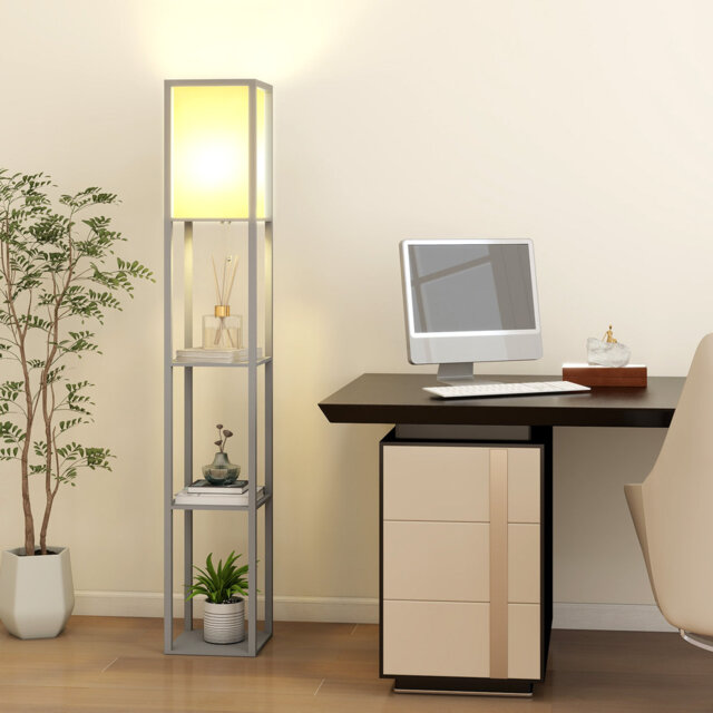 LED Shelf Floor Lamp, Wooden Reading Standing Light with Storage, Living Room Office