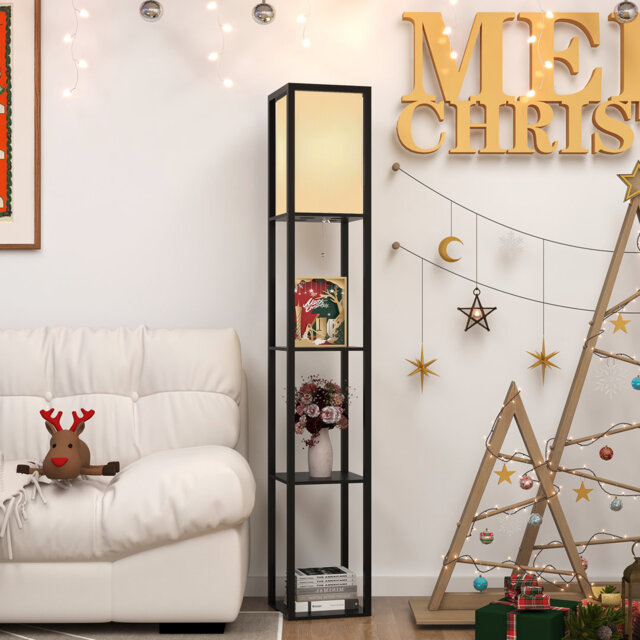 LED Shelf Floor Lamp, Wooden Reading Standing Light with Storage, Living Room Office
