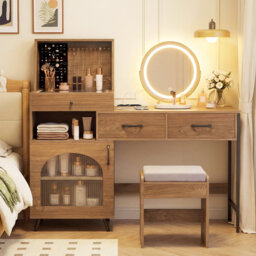 3 Drawers Vanity Desk Set Dressing Table With Mirror And Lights-Natural