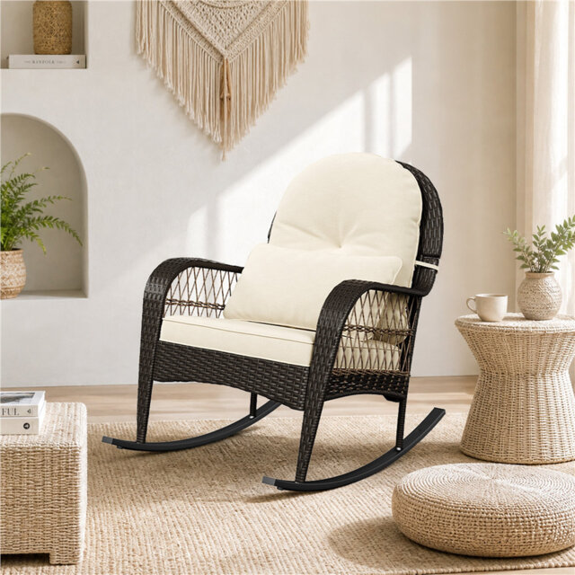 Outdoor PE Rattan Rocking Chair with Thick Cushions and Pillow