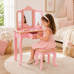 Teamson Kids Vanity Table and Chair Set with Mirror, Girls Wooden Dressing Table with Storage Drawer