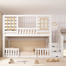 White Solid Wood Twin Sleeper (90+90) X 190 Cm Bunk Beds With Staircase Storage, Multi-Functional Tree-House Bed