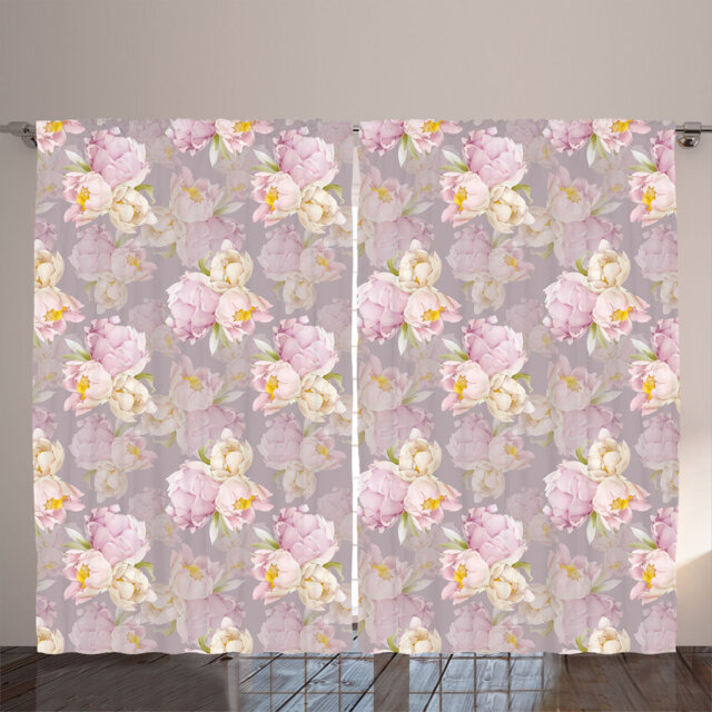 Rustic curtain, delicate floral scene print, peony, pale lilac mustard