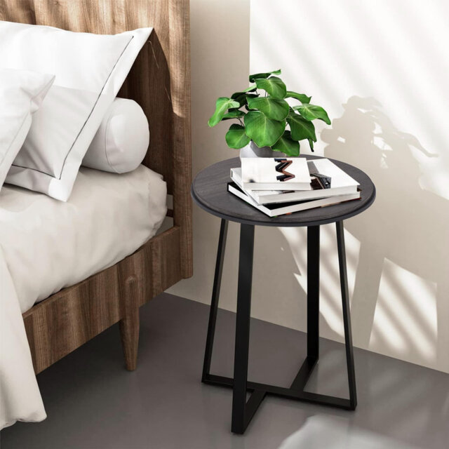 Small Round Side Table - White Marble MDF Top & Gold Metal Frame (Bedroom/Living Room Coffee Tea End Table)