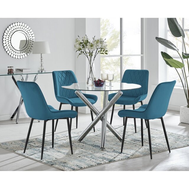 Seline Modern Round Dining Table Set in Glass and Chrome with 4 Luxury Velvet Leather Chairs