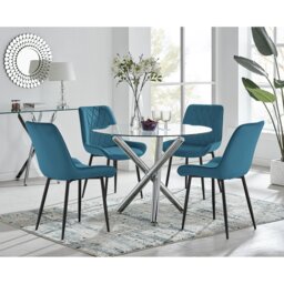 Seline Modern Round Dining Table Set in Glass and Chrome with 4 Luxury Velvet Leather Chairs