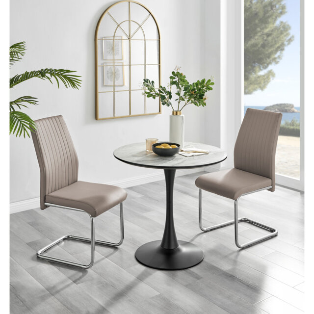 Ellis White Marble Effect Melamine Round Dining Table Set with 2 Upholstered Faux Leather Chairs
