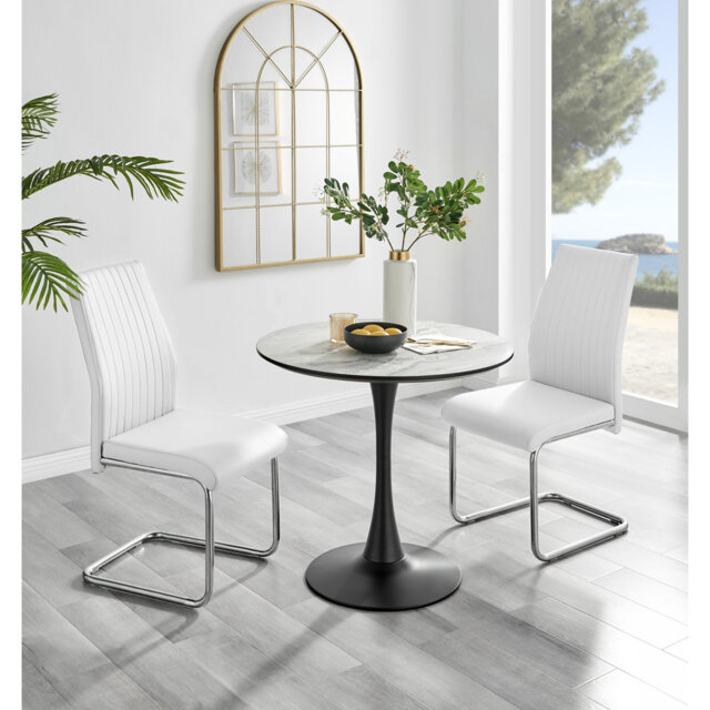 Ellis White Marble Effect Melamine Round Dining Table Set with 2 Upholstered Faux Leather Chairs