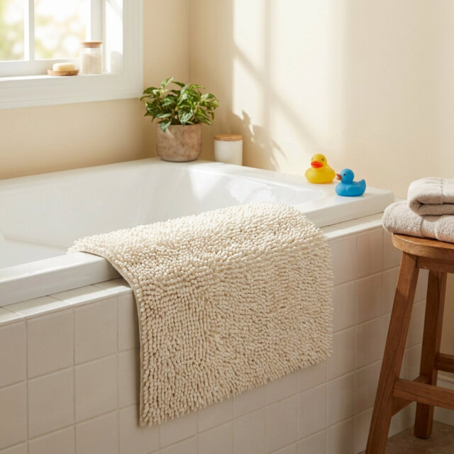 Cream Cotton Bath Mat Rug with Slip-Resistant Backing