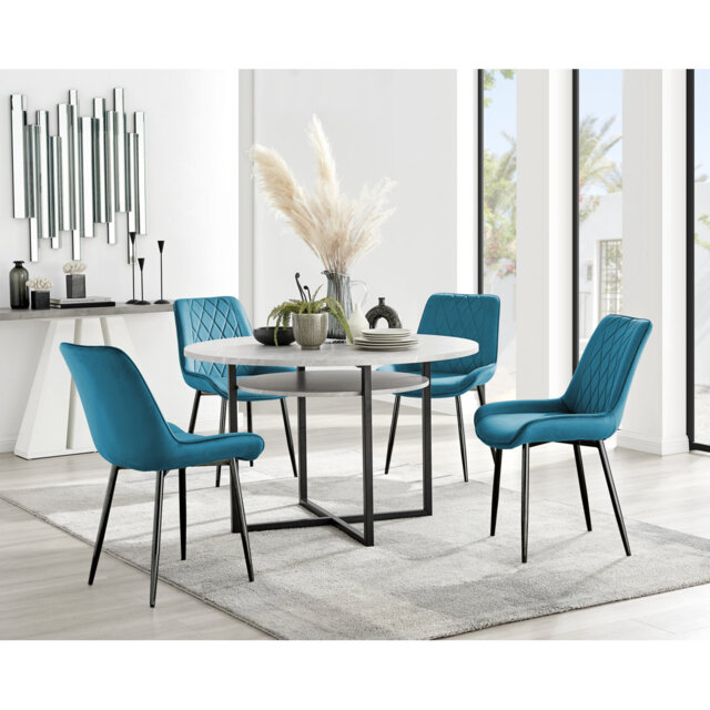 Adler Modern Concrete Effect Round Dining Table Set with Shelf & 4 Luxury Velvet Dining Chairs