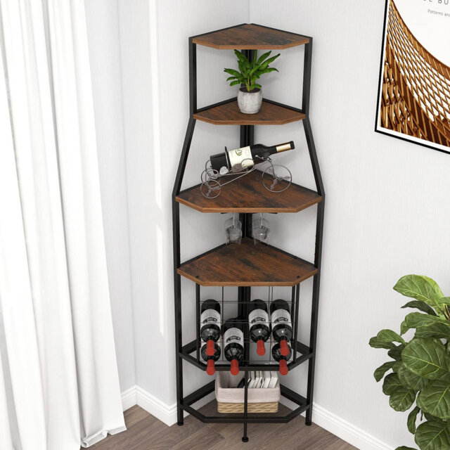 5-Tier Corner Wine Rack Freestanding Floor With Glass Holder And Bottles Wine Storage Home Bar Furniture For Home Kitchen Dining Room Industrial Metal