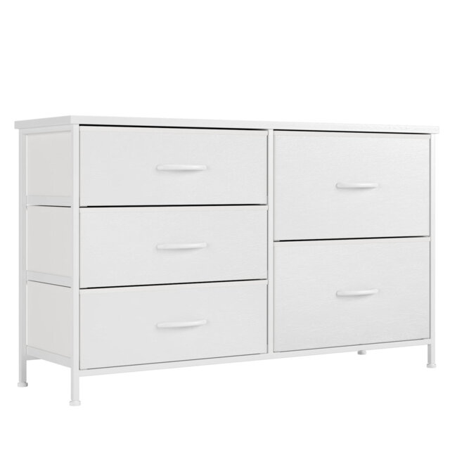 White Dresser For Bedroom With 5 Drawers, Small Dresser For Kids' Bedroom, Closet, Wide Chest Of Drawers With Storage Drawers, Wooden Top, Steel Frame