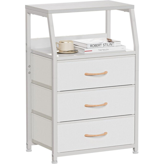 Bedside Table Cabinet with 3 Drawers, Nightstand with Fabric Storage Chest of Drawers for Bedroom, Living Room Side Table Metal Frame Bedside Cabinet