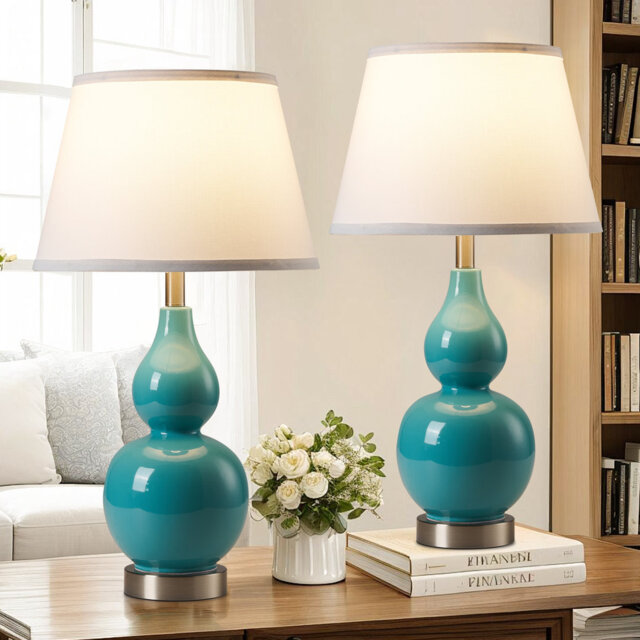 65.5cm Blue Ceramic Table Lamp With USB And Bulb Included