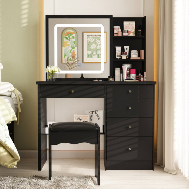 100cm Wide Dressing Table with Sliding 3 Colour LED Mirror & Hidden Storage, 5-Drawer Vanity & Stool