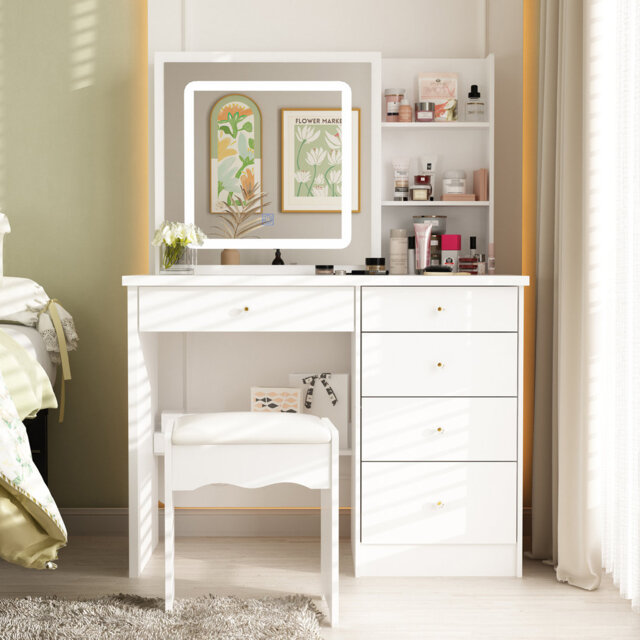 100cm Wide Dressing Table with Sliding 3 Colour LED Mirror & Hidden Storage, 5-Drawer Vanity & Stool