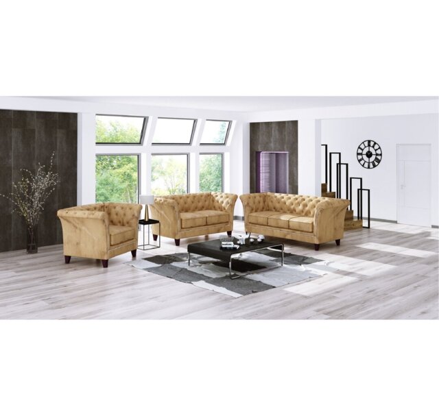 Chesterfield Sofa Set 3+2+1 Made of Velvet Fabric with Solid Wood Legs
