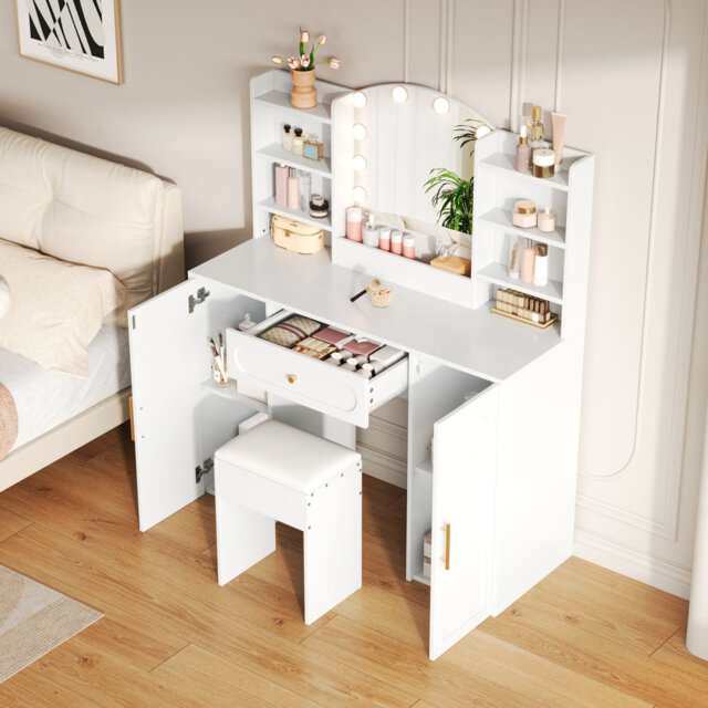 Dressing Table with Adjustable LED Mirror and Stool, 3 Colour Temperatures & Dimmer, White, Storage Drawer & 2 Cabinets, 110x40x132cm